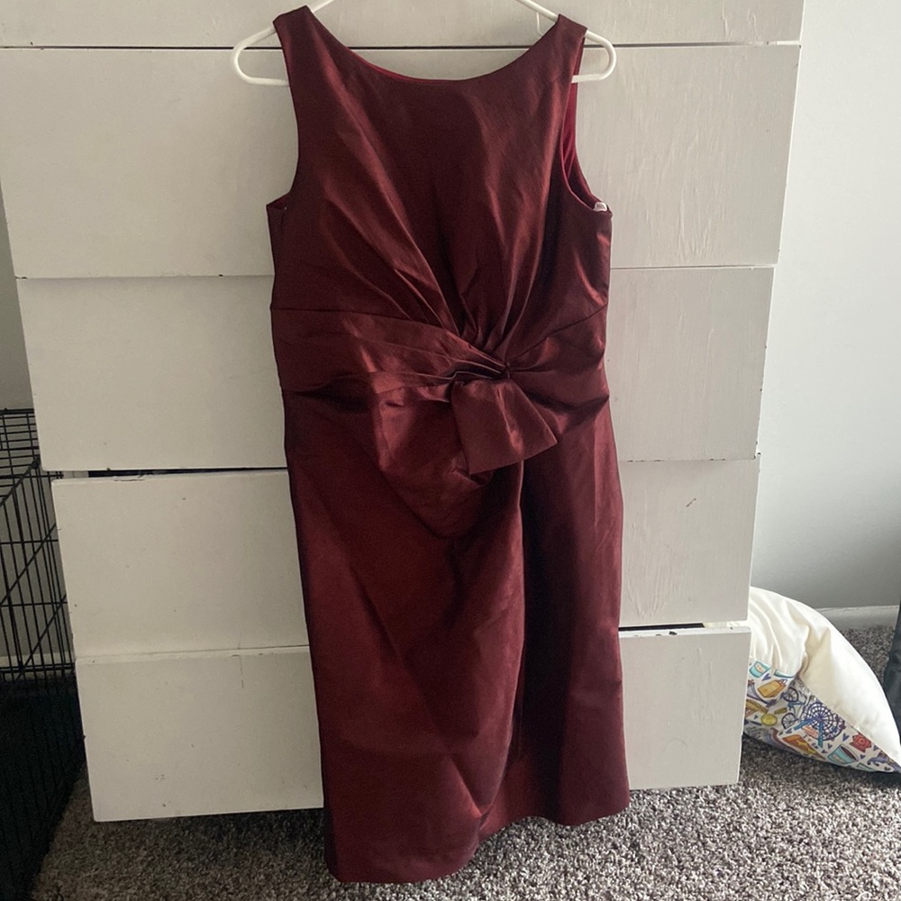 maroon dress from Montage Occasions with waist bow detail. matching wrap